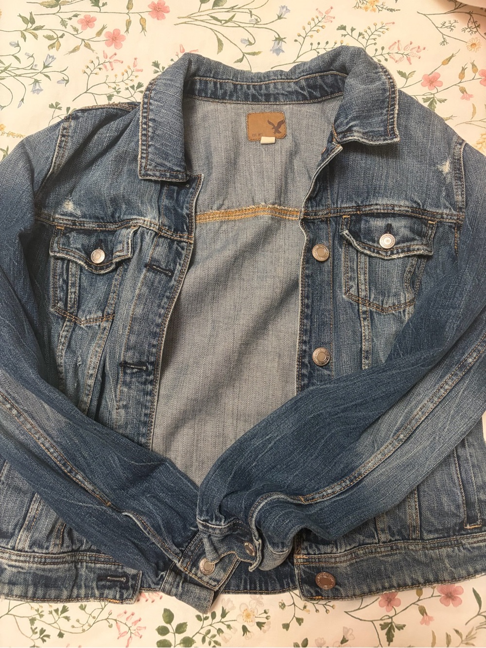 American Eagle Outfitters Medium Blue Denim Jacket with Leather Logo Patch